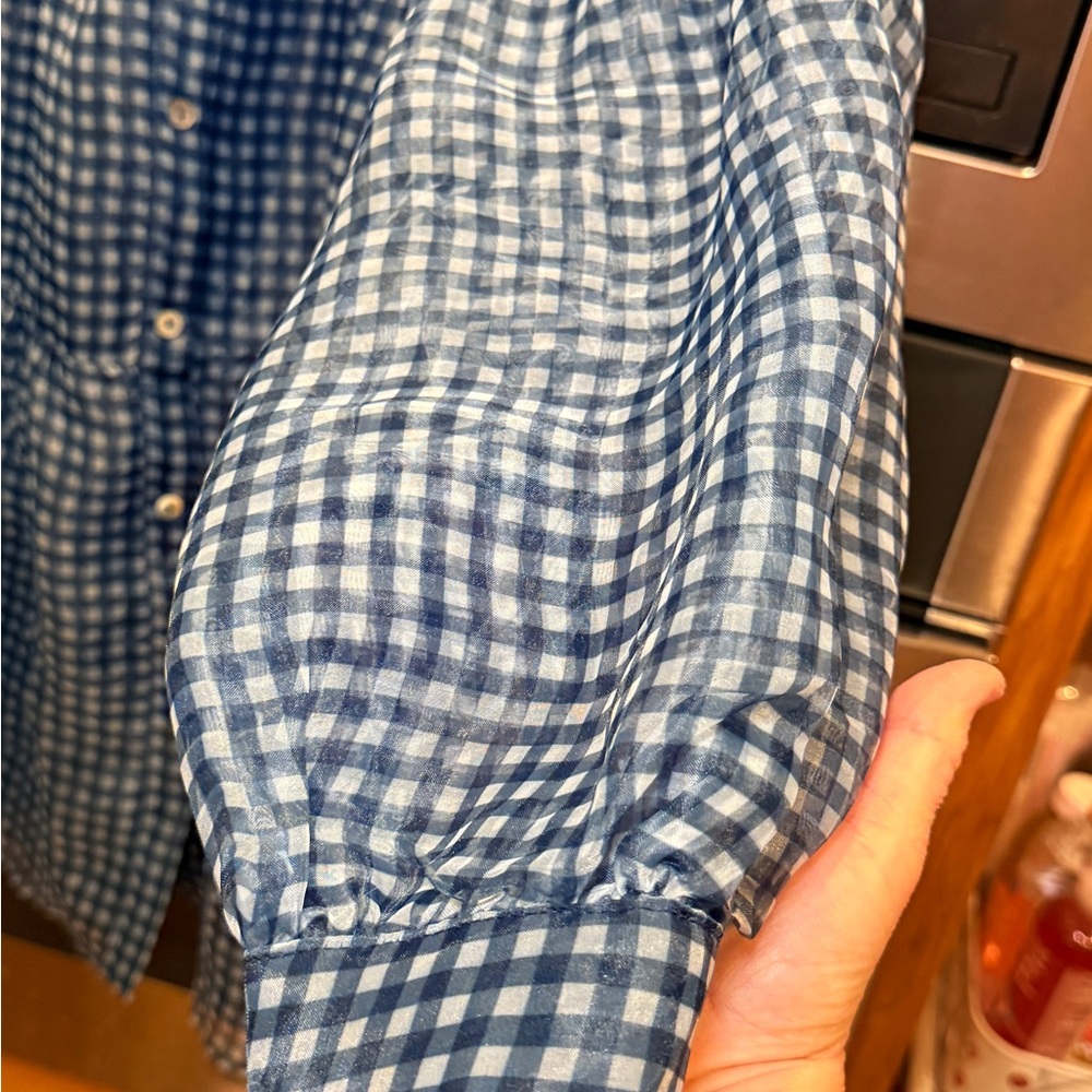 Listicle navy plaid button-down sheer tiered mini dress with puff sleeves.  Sz M - Picture 9 of 15